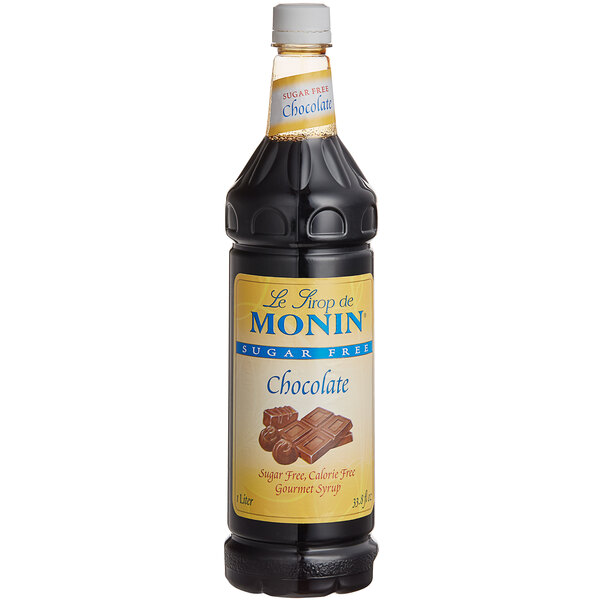 A Monin bottle of Sugar Free Chocolate Flavoring Syrup.