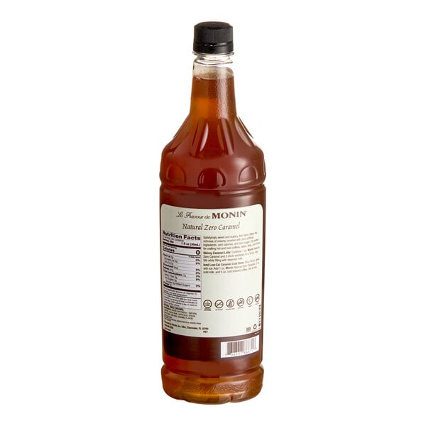 A 1-liter bottle of Monin Zero Calorie Natural Caramel Flavoring Syrup.