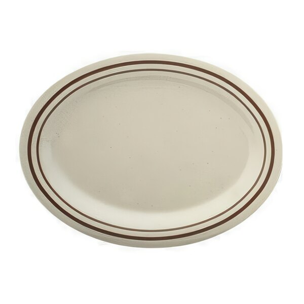 A white platter with brown lines.