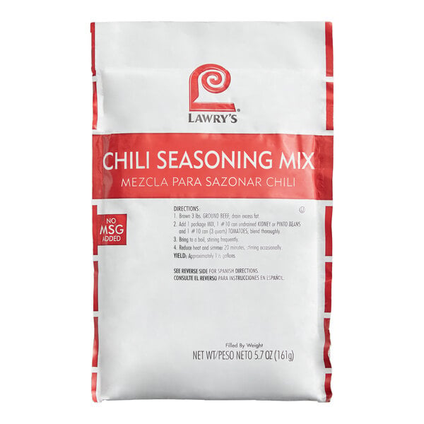 A white and red package labeled 'Lawry's Chili Seasoning Mix' with preparation directions and a note stating 'No MSG Added' on the front.