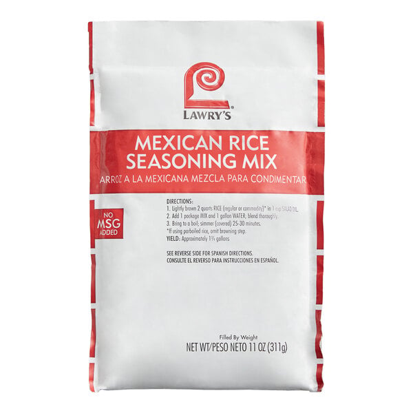 A white and red package labeled 'Lawry's Mexican Rice Seasoning Mix' with preparation directions and a note that no MSG is added.