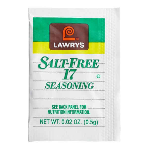 A single-serving packet of Lawry's Salt-Free 17 Seasoning with green and yellow accents and text indicating it contains 0.02 oz (0.5g) of seasoning.