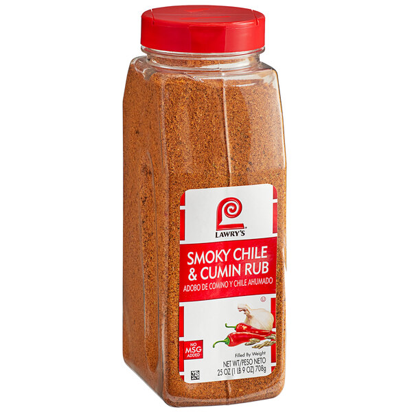 A jar of Lawry's Smoky Chile and Cumin Rub on a counter.