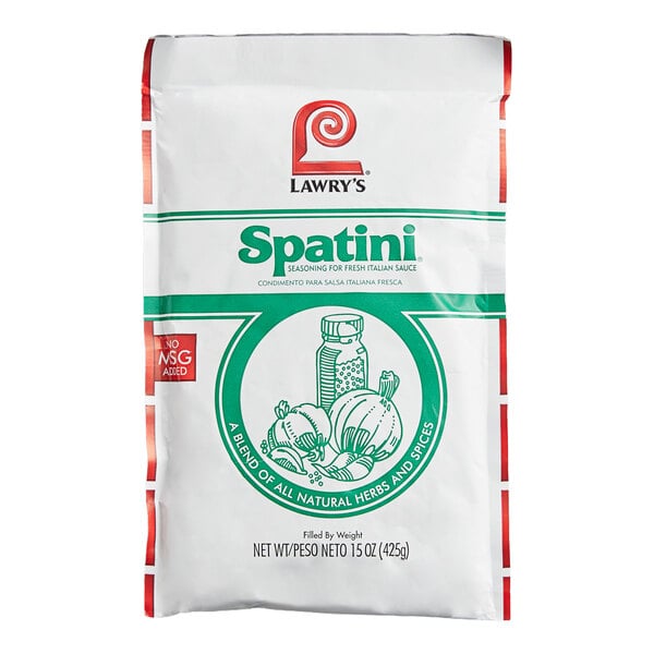 A white and green package labeled 'Lawry's Spatini Seasoning for Fresh Italian Sauce' with illustrations of herbs, garlic, and a spice shaker on the front.