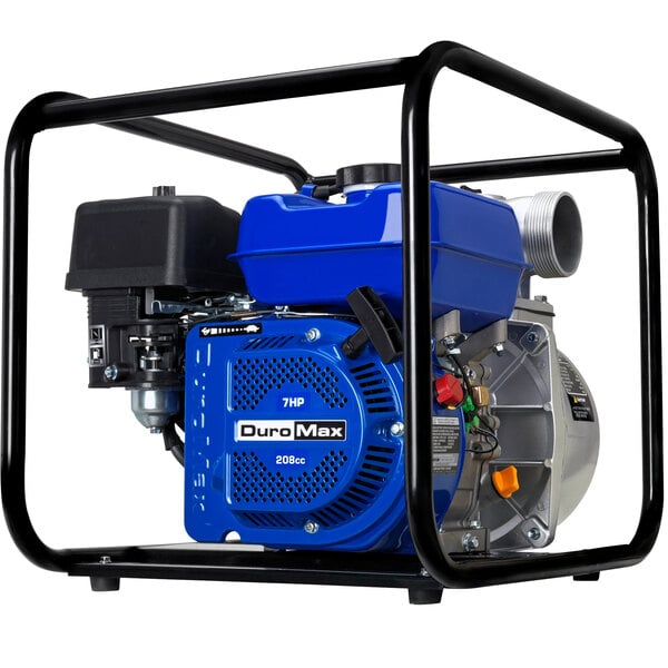 A blue and black DuroMax water pump sitting in a metal frame.