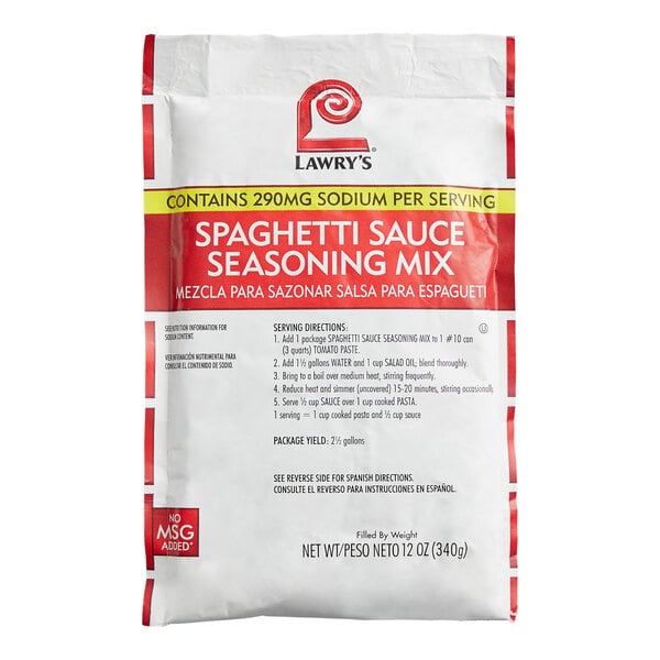 A white and red package labeled 'Lawry's Spaghetti Sauce Seasoning Mix' with preparation instructions and nutritional information visible on the front.