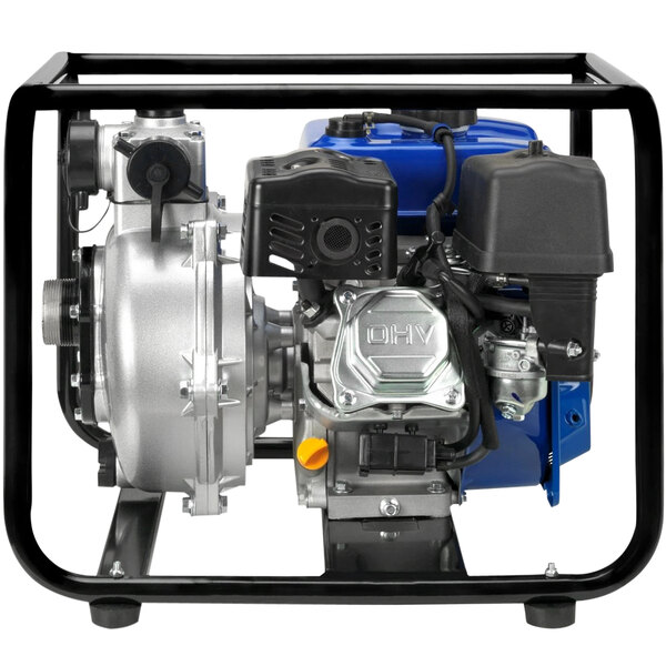 A close-up of a blue and black DuroMax water pump machine.
