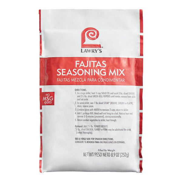 A white and red package labeled 'Lawry's Fajitas Seasoning Mix' with preparation directions and a note indicating no MSG added.