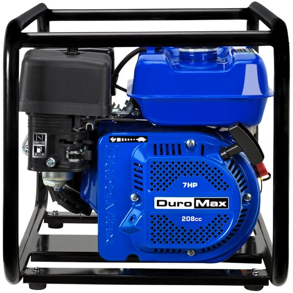 A blue and black DuroMax portable water pump kit.