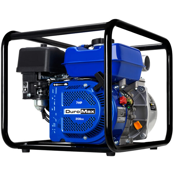 A DuroMax blue and black portable water pump in a metal cage.