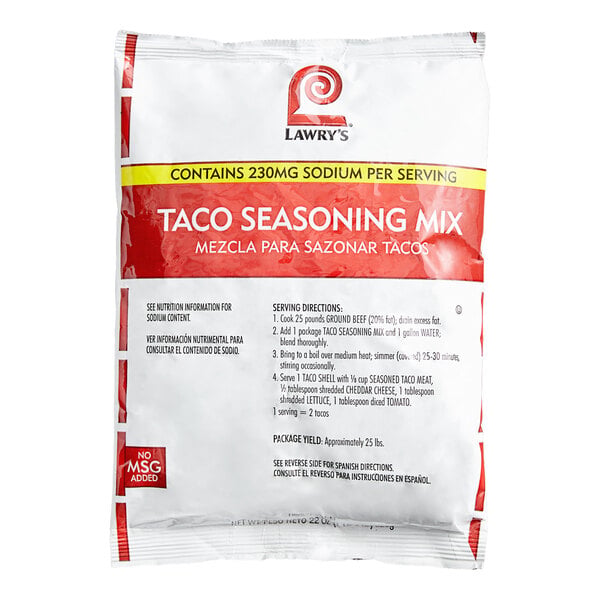 A white and red package labeled 'Lawry's Taco Seasoning Mix' with preparation instructions and nutritional information visible on the front.