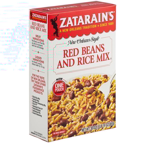 A white and yellow box of Zatarain's Red Beans and Rice Mix.