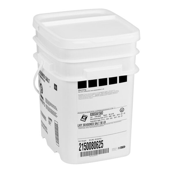 A white Lawry's bucket with a label and a lid.