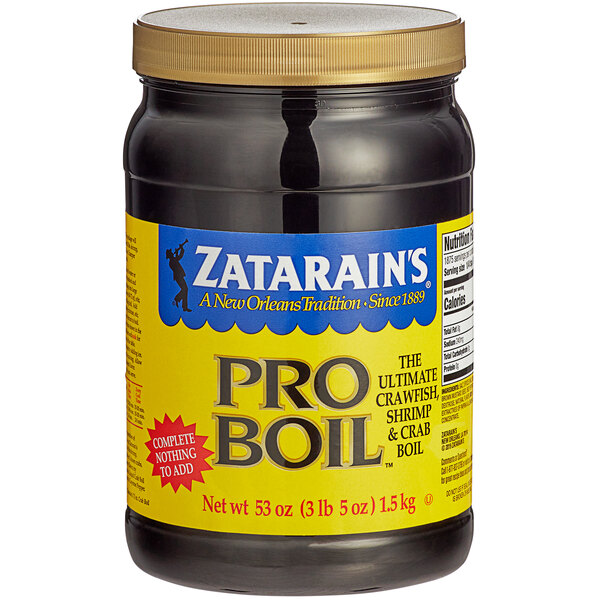 A black plastic container of Zatarain's Pro Boil with a yellow label.