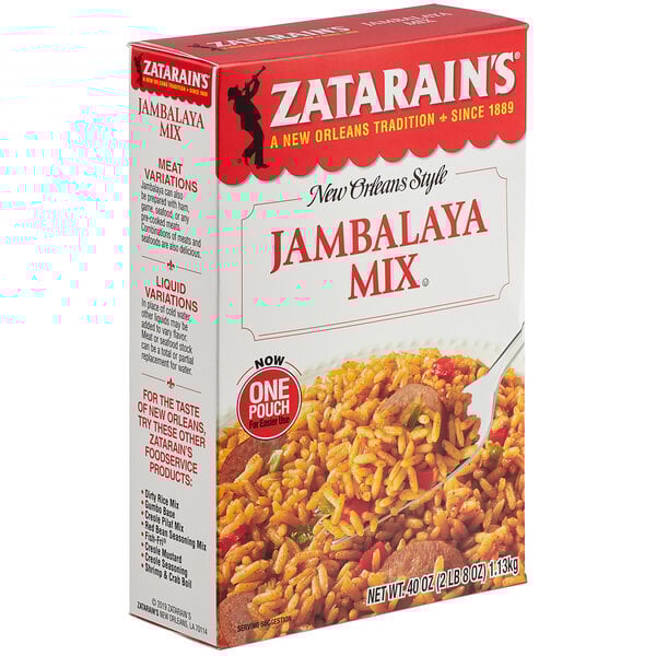 A box of Zatarain's Jambalaya Mix on a white background.