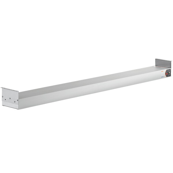 A long rectangular stainless steel Nemco strip warmer with a button.