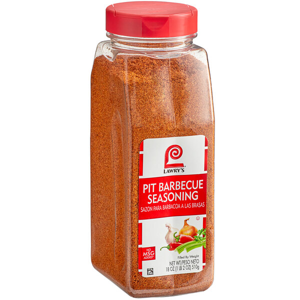 A jar of Lawry's Pit BBQ Seasoning.