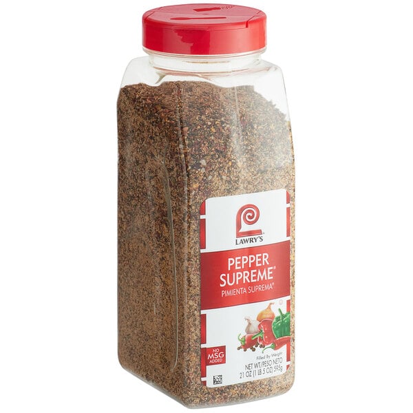 A jar of Lawry's Pepper Supreme Seasoning on a white background.