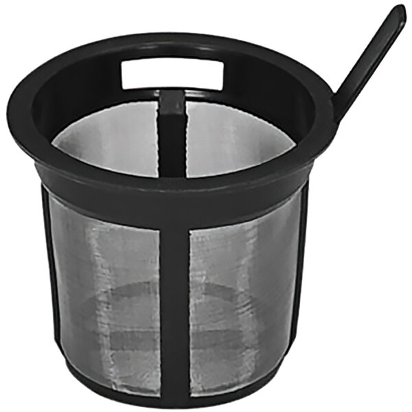 A white porcelain tea strainer with a black and silver metal mesh.