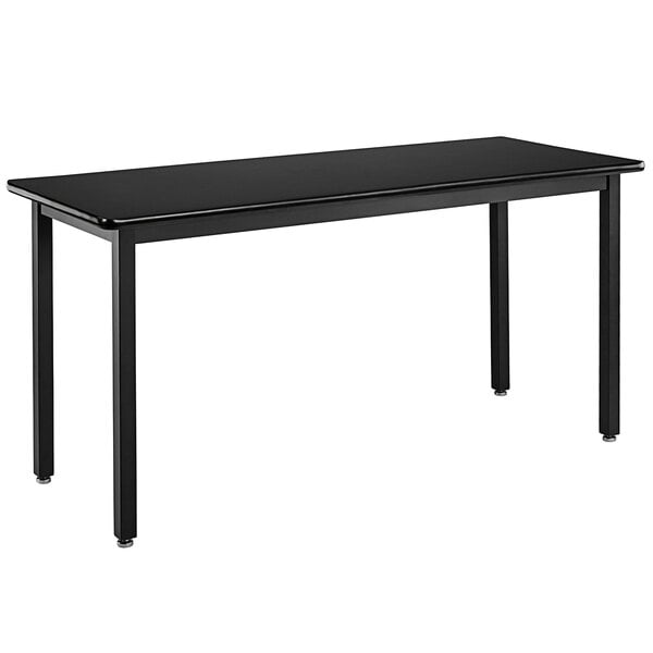 A black rectangular National Public Seating science lab table with black legs and a black high-pressure laminate top.