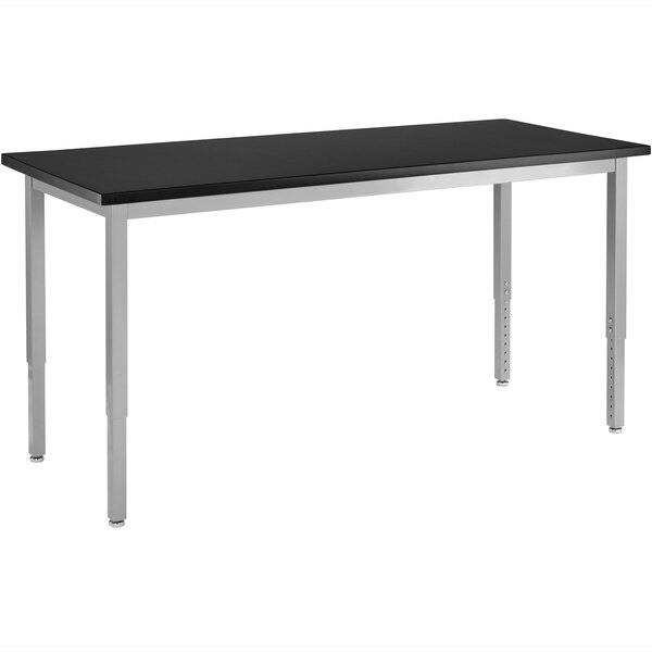 A black rectangular National Public Seating science lab table with silver legs.