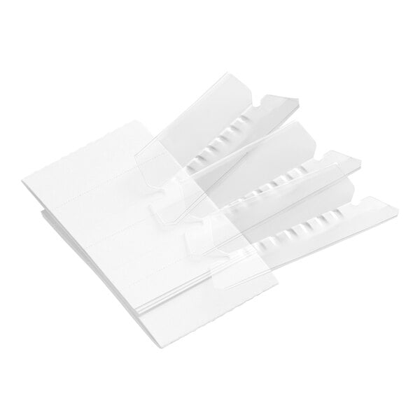 A set of clear plastic file folder tabs with white paper inserts, shown partially inserted into slots.