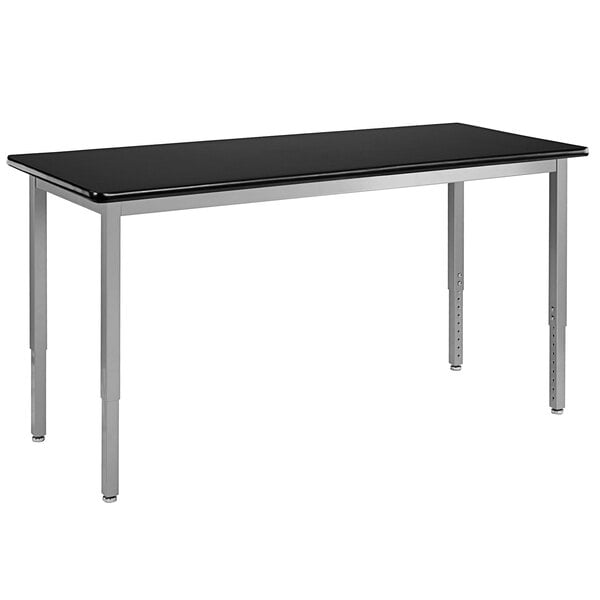 A black rectangular National Public Seating science lab table with gray steel legs.