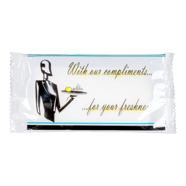 A individually wrapped clean scented moist towelette hand wipe.