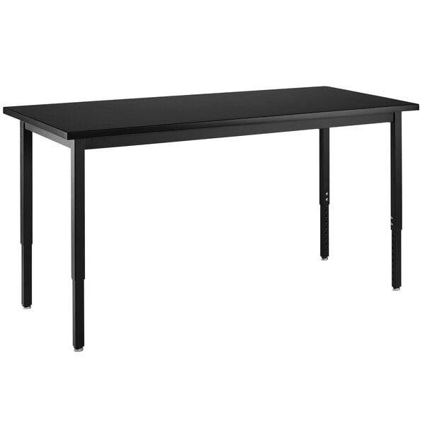 A black rectangular National Public Seating science lab table with black legs.