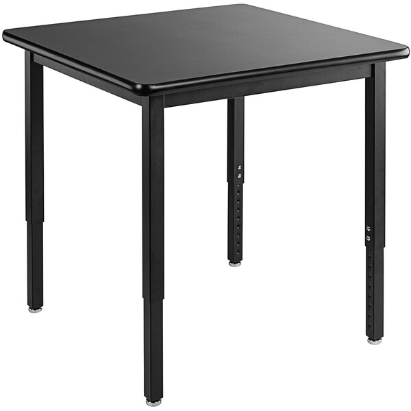 A black National Public Seating science lab table with square legs and a high-pressure laminate top.