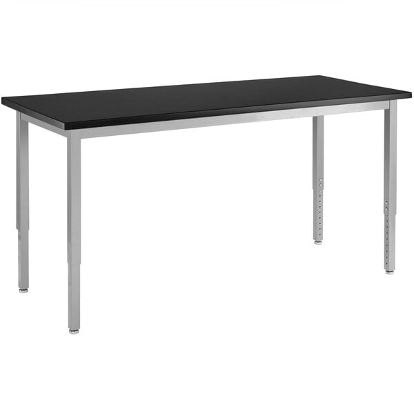 A black rectangular National Public Seating science lab table with silver legs.