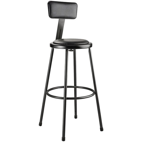 A National Public Seating black lab stool with a black padded seat and backrest.