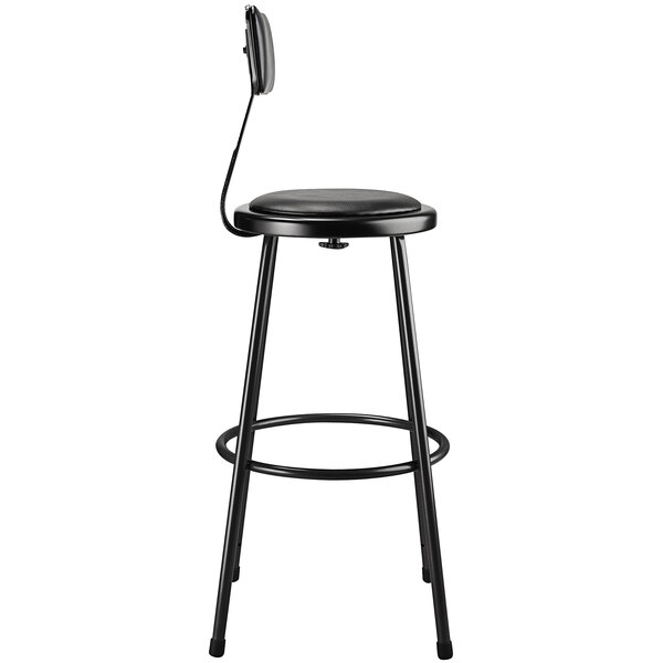 A National Public Seating black lab stool with a padded backrest.