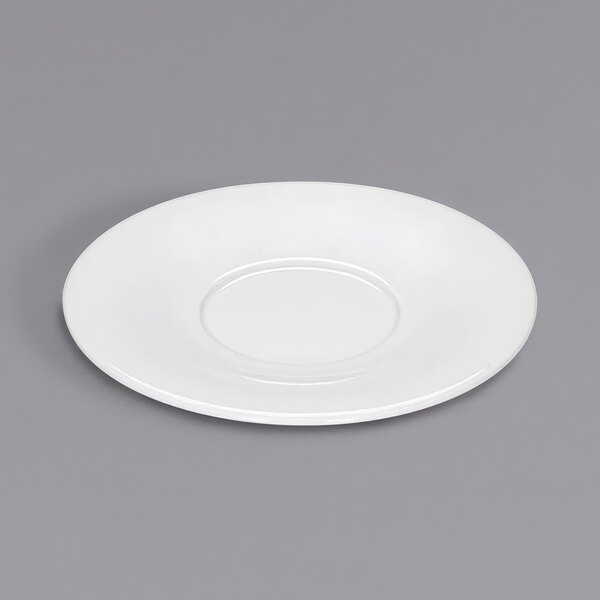 A Bauscher bright white round porcelain saucer with a round edge.