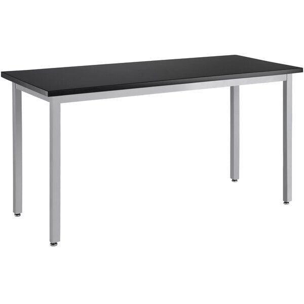 A grey steel National Public Seating science lab table with a white top.