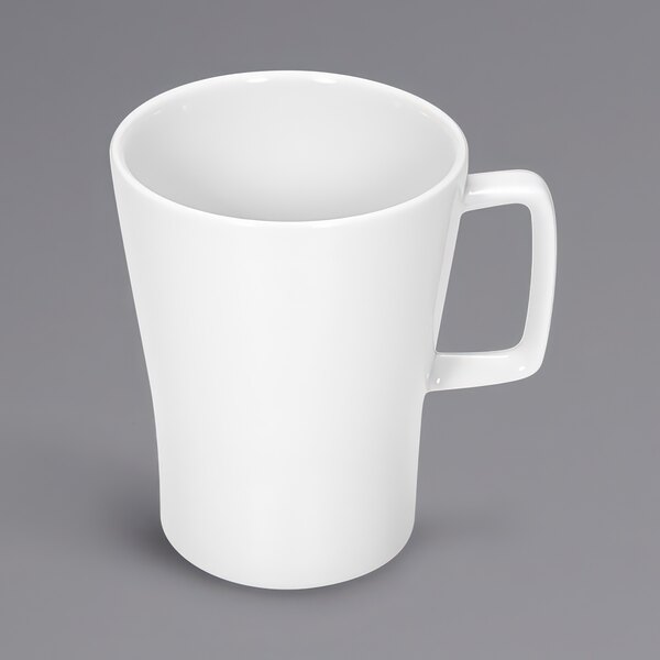 A white Bauscher mug with a handle.