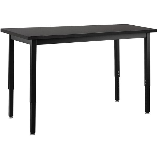 A black rectangular National Public Seating science lab table with black legs.