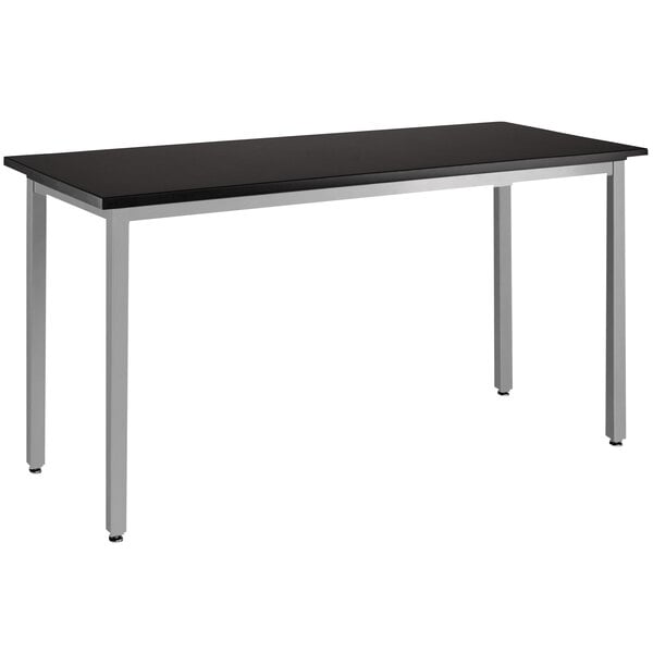 A grey steel National Public Seating science lab table with a black phenolic top.