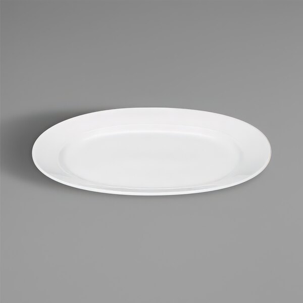 A Bauscher bright white porcelain oval platter on a white background.