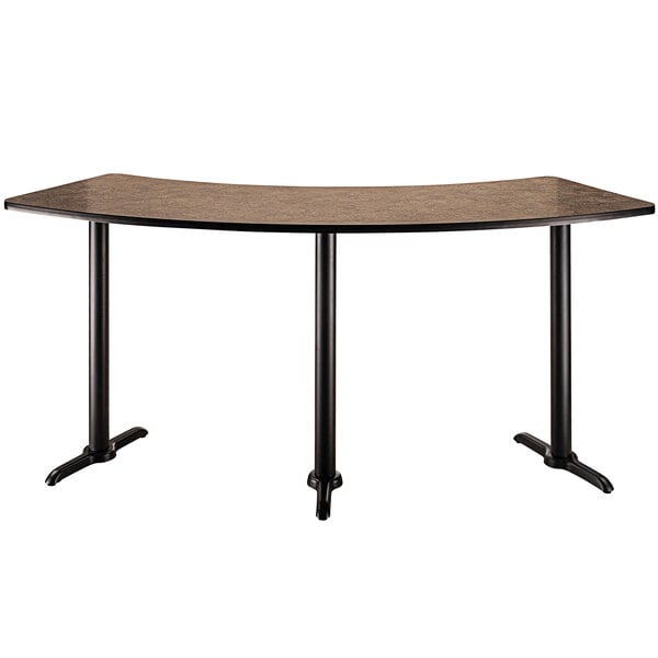 A National Public Seating bar height cafe table with a curved top and two legs.