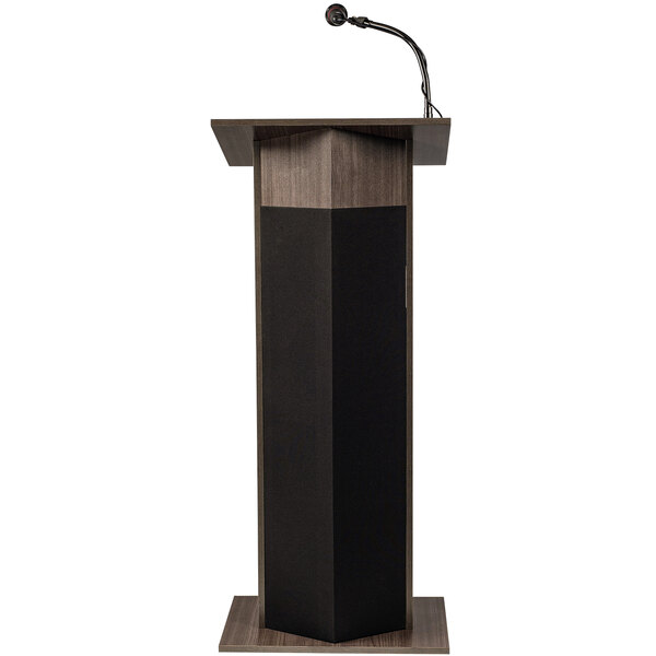 A ribbonwood Oklahoma Sound lectern with a microphone.