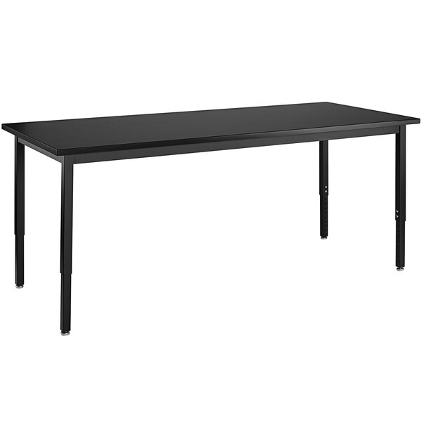 A National Public Seating black steel science lab table with a black rectangular top and legs.