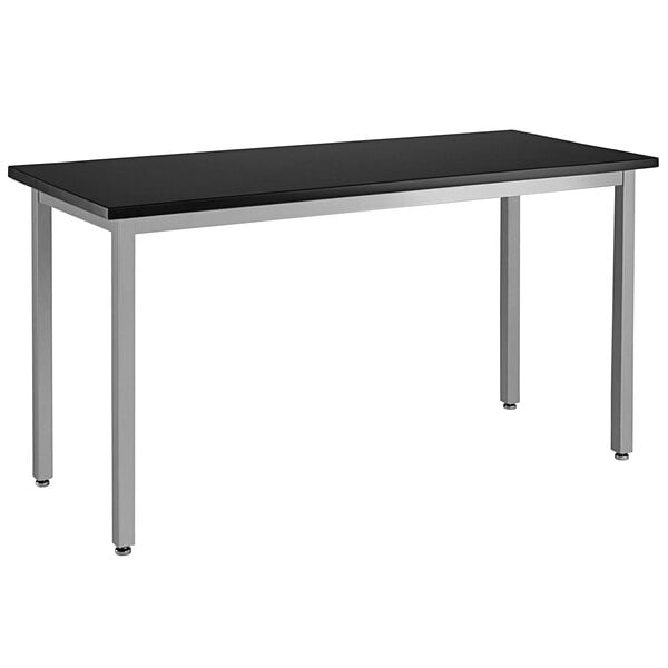 A grey steel National Public Seating science lab table with a black phenolic top.