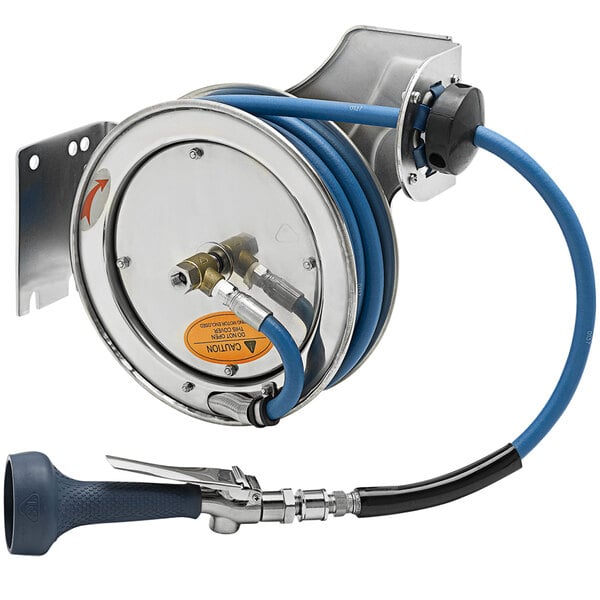 A T&S stainless steel hose reel with a hose attached.