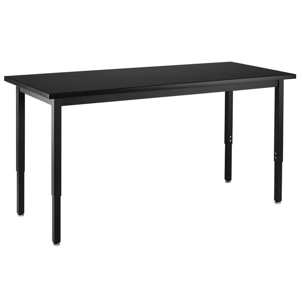 A black rectangular National Public Seating science lab table with black legs.