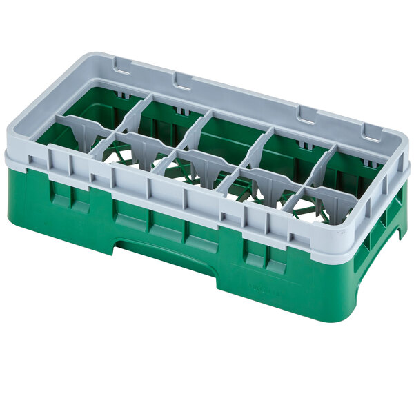 A green and grey plastic Cambro glass rack with 10 compartments.