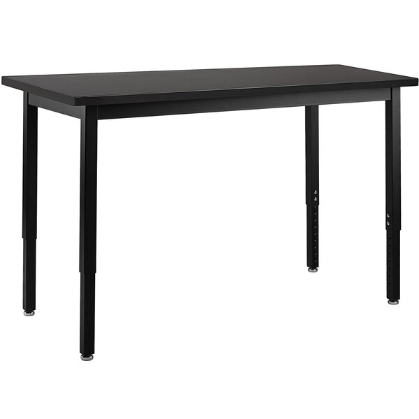 A black rectangular National Public Seating science lab table with black legs and a phenolic top.