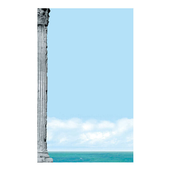 A vertical sheet featuring a classical column on the left, with a blue sky, clouds, and sea in the background.