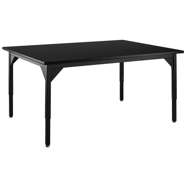 A National Public Seating black steel science lab table with a black rectangular top and legs.