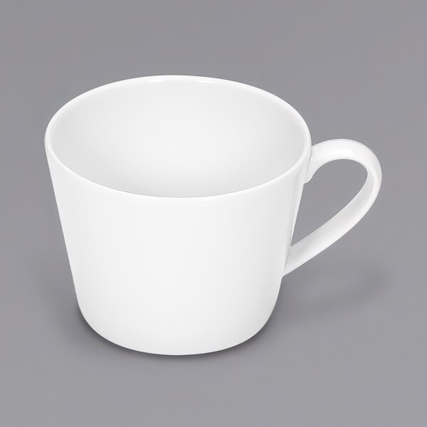 A Bauscher bright white coffee mug with a handle.